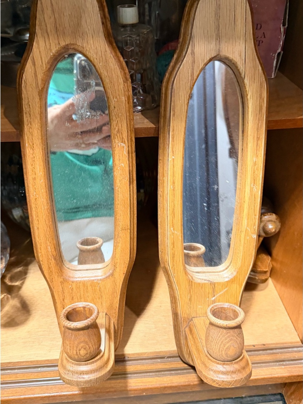 Wooden Wall Mirror Candle Sconces - Pair
